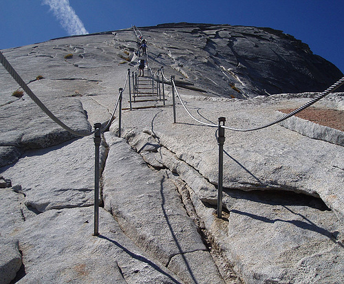 This is the last part of the Half Dome hike. When I first saw this, I said no way! But then I did it and it wasnt that frightening.