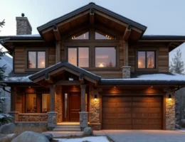 Exterior of a luxury mountain retreat in Park City, rustic wood and stone design, large windowst.