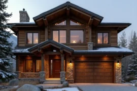 Exterior of a luxury mountain retreat in Park City, rustic wood and stone design, large windowst.
