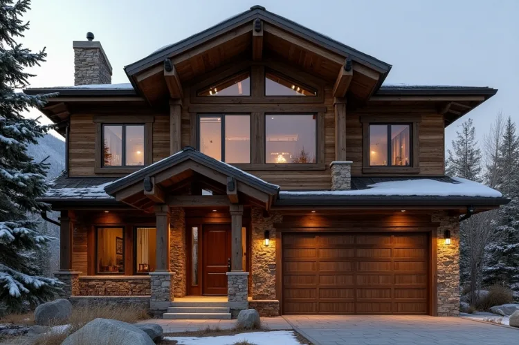 Exterior of a luxury mountain retreat in Park City, rustic wood and stone design, large windowst.